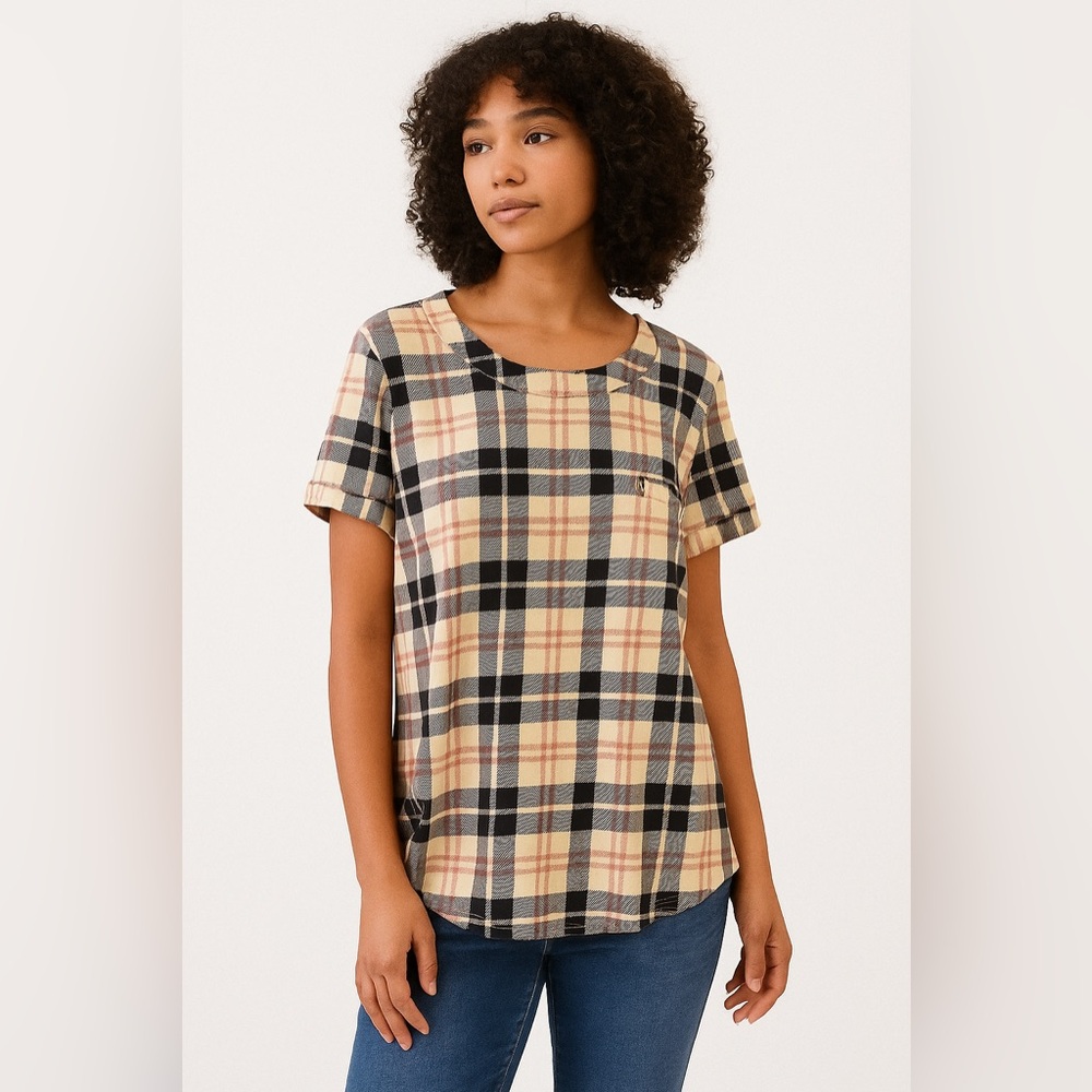 Plaid‎ Short Sleeve Top - Black and Tan